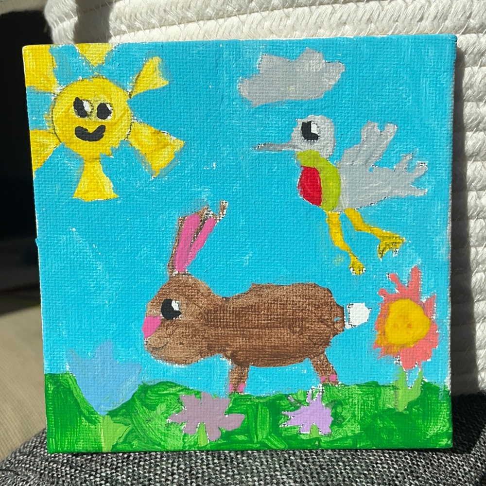 Lucky Discount 🍀🌈Child Artist - Original Art - Bunny in Flower Meadow